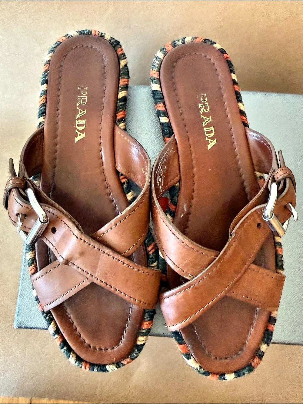 Prada Brown Leather Crisscross Buckle Espadrille Slide Sandals EU 38.5